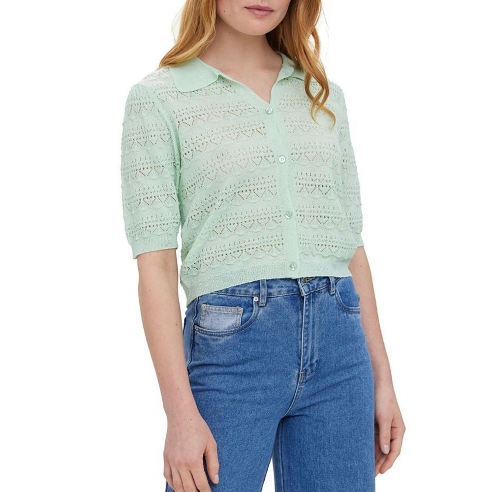 Vero Moda Mint Green Pointelle Knit Polo Cardigan Puff Sleeve Button Front XS